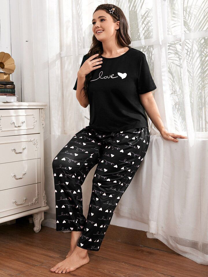 Black Love Printed Tee & Trouser PJ Set