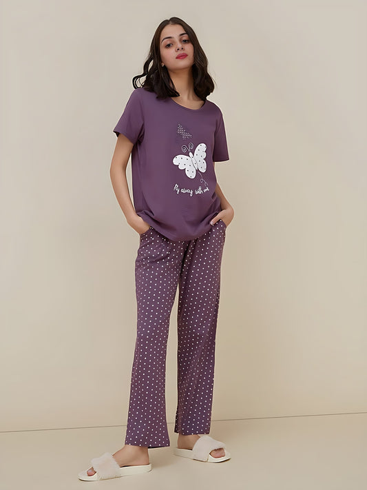 Purple Butterfly Polka Dot Tee with Plazzo Printed PJ Set