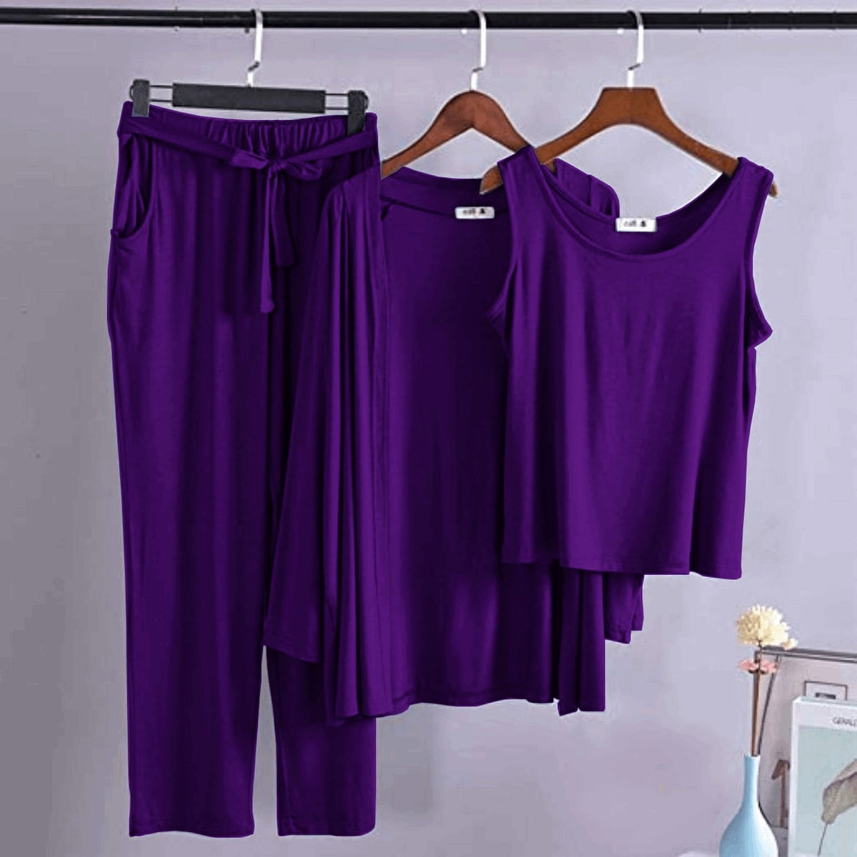 Purple Long Sleeve Gown with Sleeveless Inner Women Night Suit PJ Set 3 Pieces