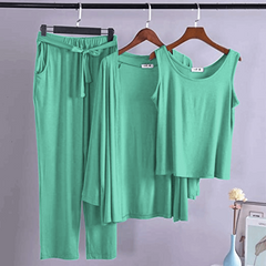 Sea Green Long Sleeve Gown with Sleeveless Inner Women Night Suit PJ Set 3 Pieces