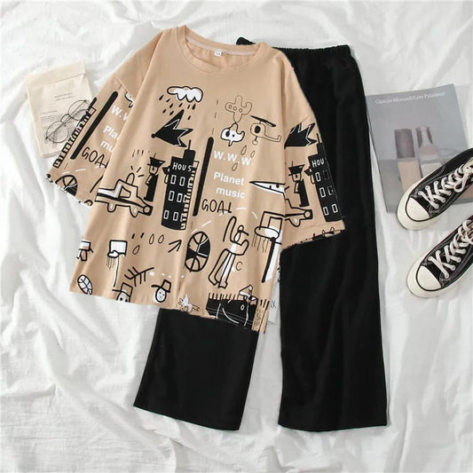 Brown Planet Multi Printed Half Sleeves T-shirt With Plain Black Trouser PJ Suit