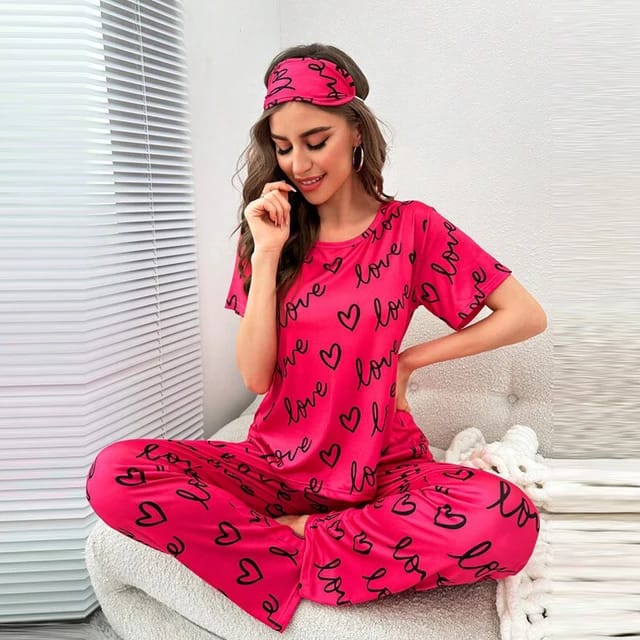 Shocking Pink Love Printed T-shirt And Trouser Suit - ZARZARO