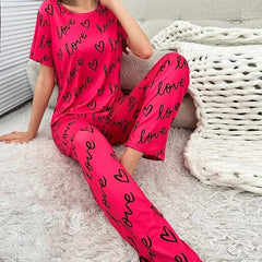 Shocking Pink Love Printed T-shirt And Trouser Suit - ZARZARO