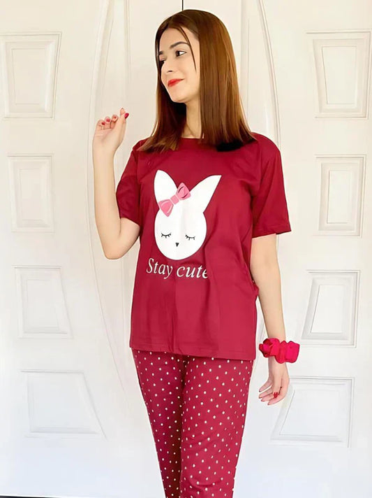 MAROON STAY CUTE PRINTED TEE & TROUSER PJ SET