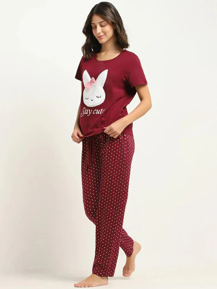 MAROON STAY CUTE PRINTED TEE & TROUSER PJ SET