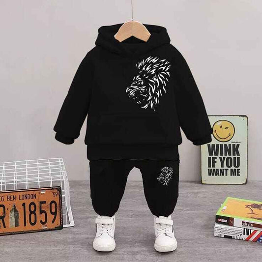 Lion Print Deep Black Printed Sweatshirt With Trouser Tracksuit With Hoodie Set For Kids