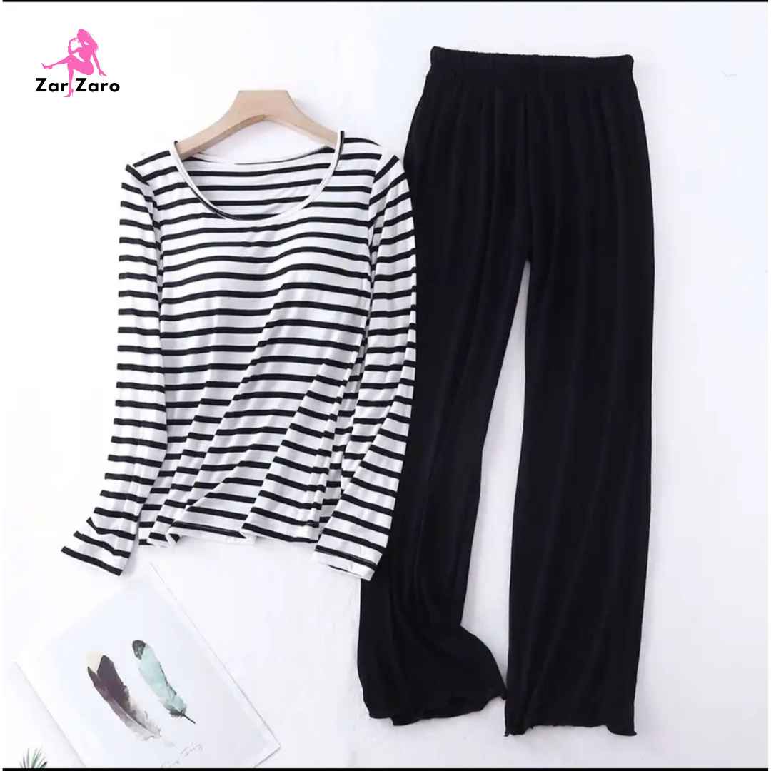 Black & White Stripes Tee with Black Trouser PJ Set