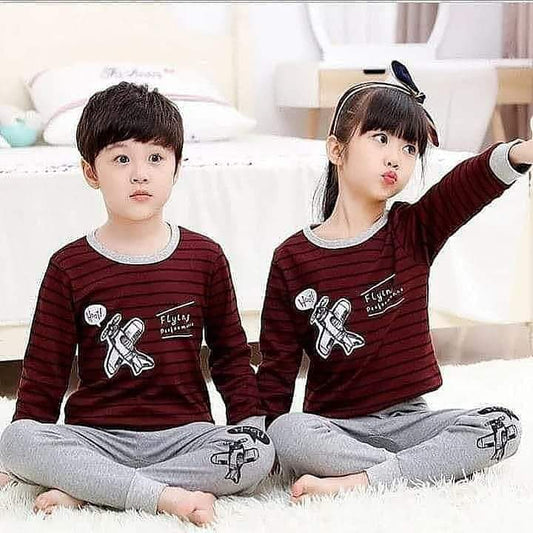 Baby or Baba Maroon and Grey Flying Performance Print Night Suit for Kids