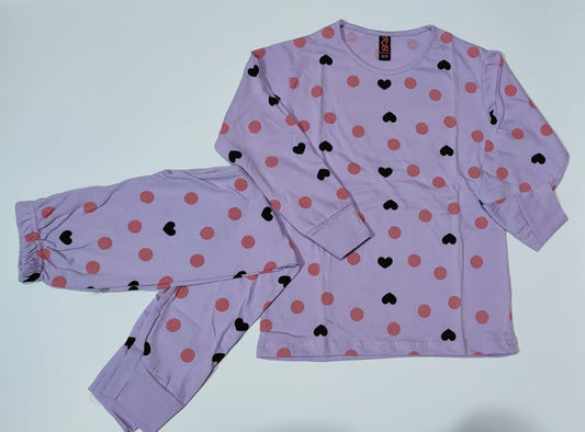 Baby or Baba Purple Hearts & Dots Full Sleeves Night Suit for Kids (1 Pcs)