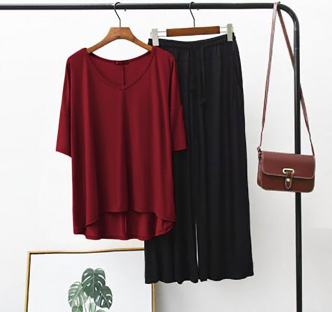 Plain Red V Neck T Shirt with Black Plazzo - ZARZARO