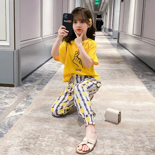 Yellow Love Charm Print Half Sleeves Shirt With Pineapple Printed Trouser Suit for Kids