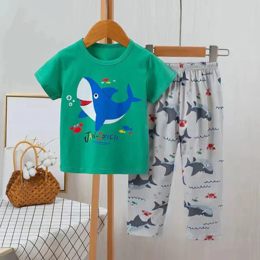 Green Shark Print Half Sleeves T-shirt With Printed Trouser Suit for Kids