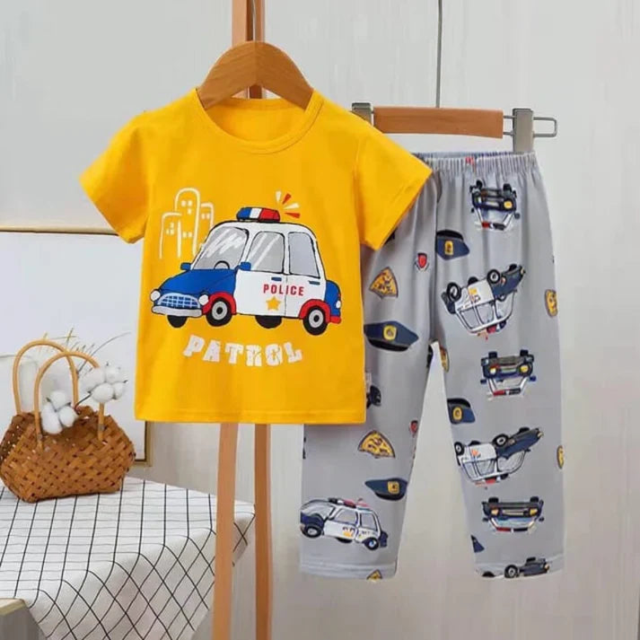 Yellow Car Print Half Sleeves T-shirt With Printed Pajama Suit for Kids