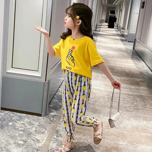 Yellow Love Charm Print Half Sleeves Shirt With Pineapple Printed Trouser Suit for Kids