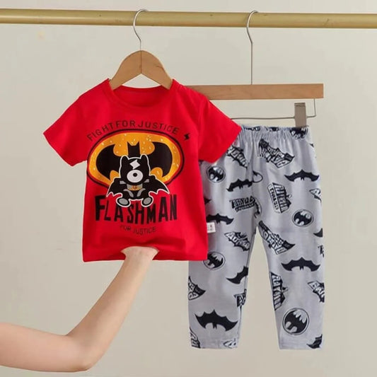 Red Bat Printed Print Half Sleeves T-shirt With Printed Pajama Suit for Kids (Baby Or Baba Both) (1 Pcs) - Kids PJs