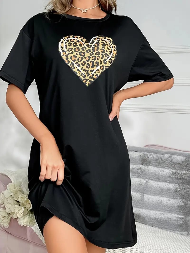 Black With Cheetah Heart Print Long Shirt For Women