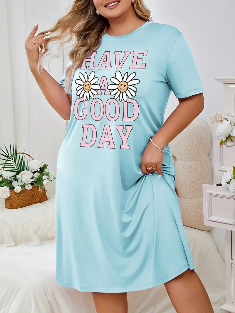 Blue Have A Good Day Print Long Shirt For Women