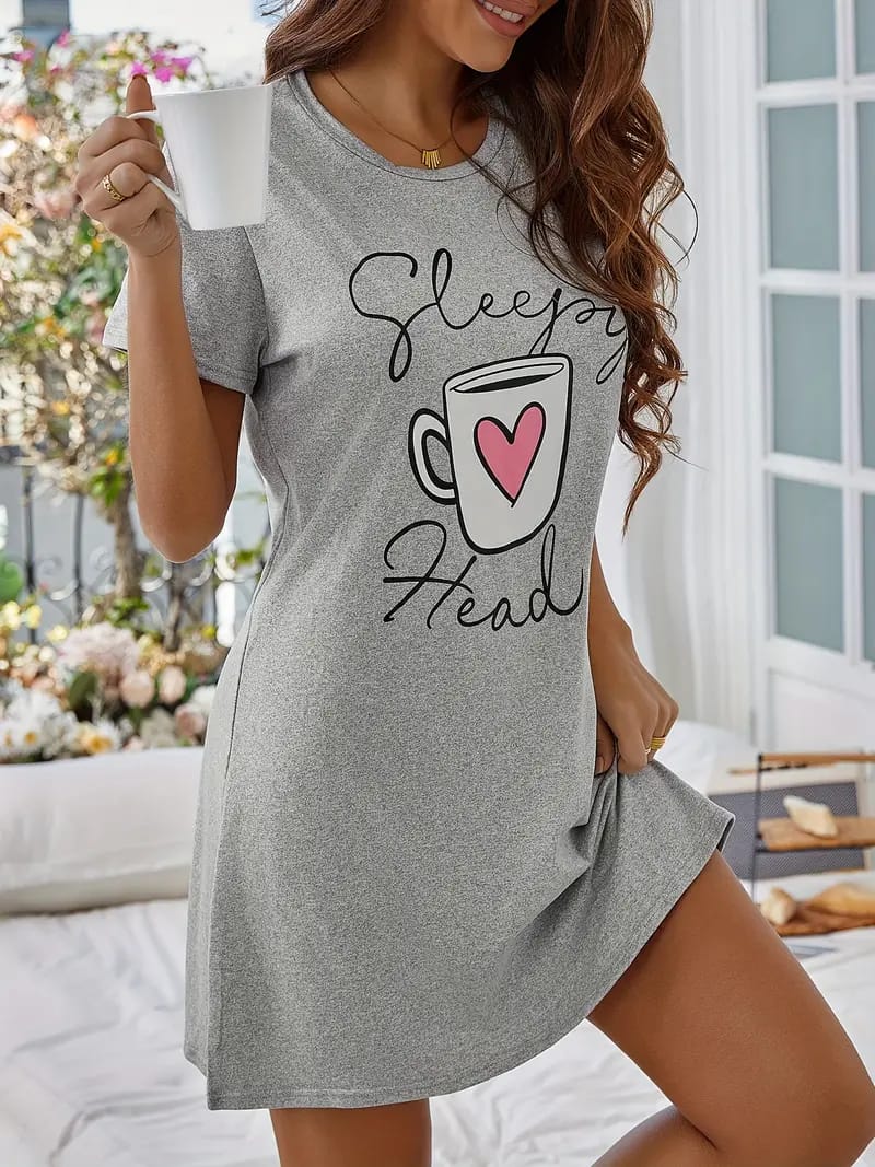 Grey With Sleepy Head Print Long Shirt For Women