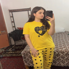 Yellow Puzzle Heart Tee with Polka Dot Plazzo - ZARZARO