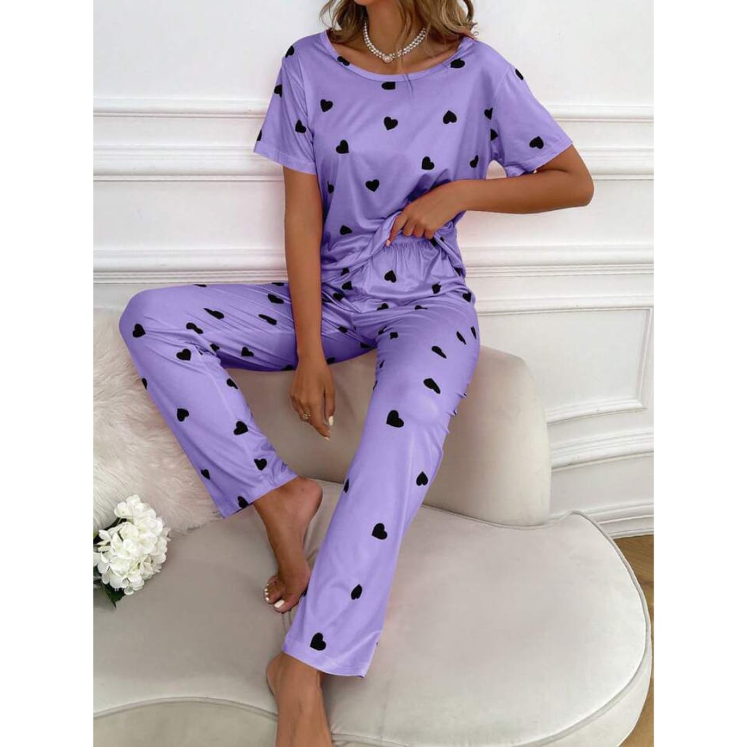 Purple With Black Hearts Print Half Sleeves T-shirt With Hearts Printed Trouser Suit - ZARZARO