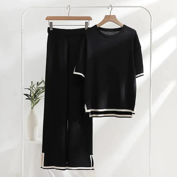 Deep Black Short Sleeve Tee with Palazzo For Women PJ Set