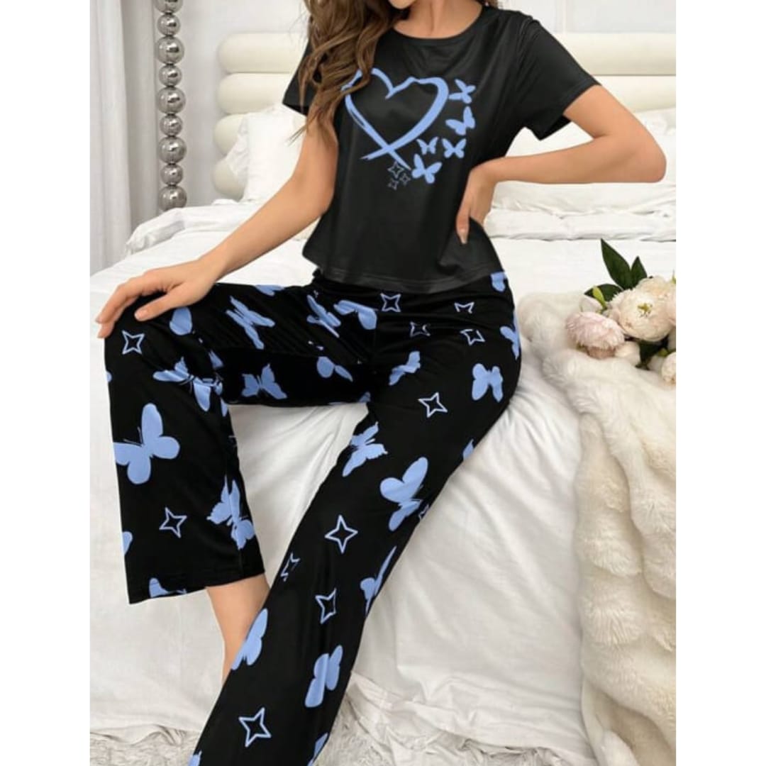 Black With Blue Butterflies Heart Printed T-shirt And Butterflies Printed Trouser Suit - ZARZARO