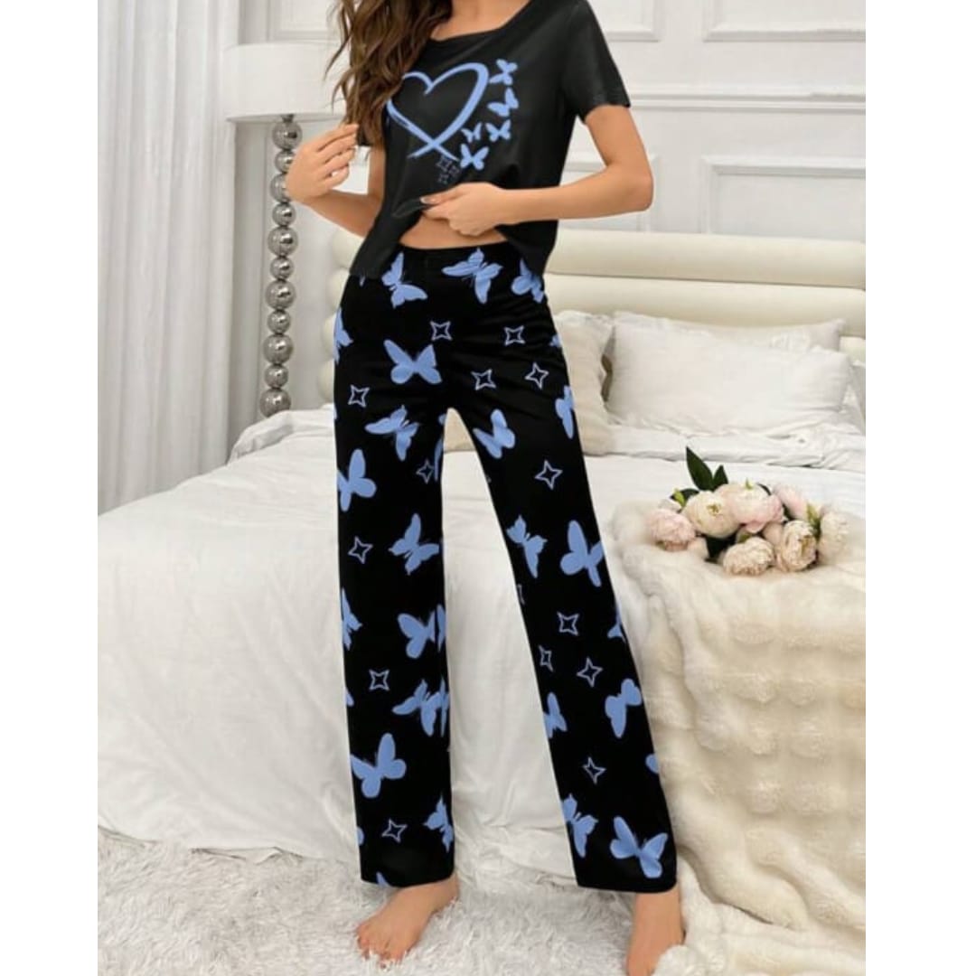 Black With Blue Butterflies Heart Printed T-shirt And Butterflies Printed Trouser Suit - ZARZARO