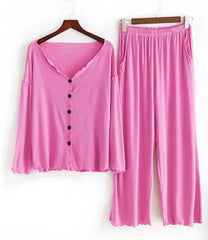 Lush Pink V Neck Button Style Tee & Trouser