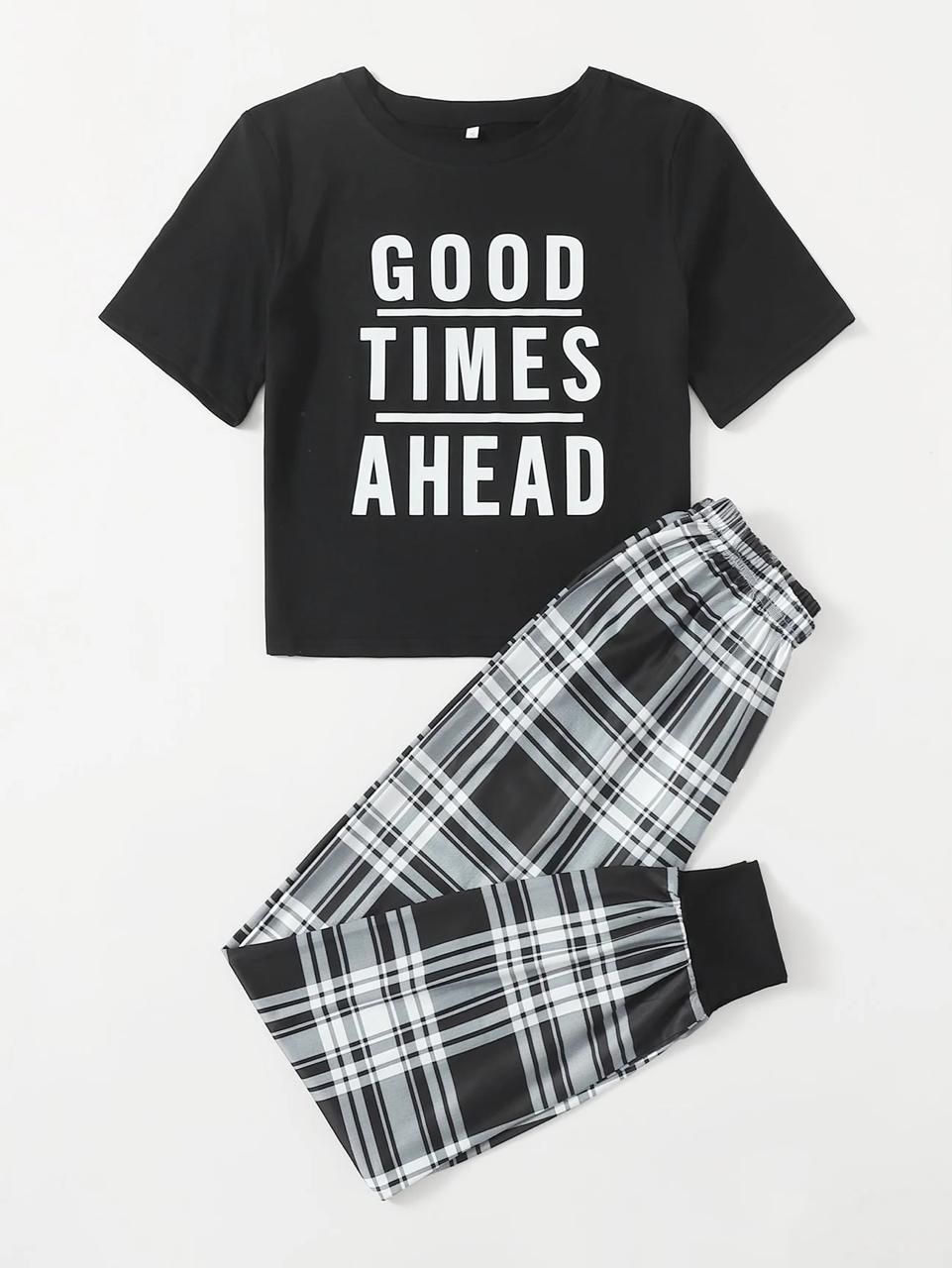 Black Good Things Ahead Printed Half Sleeves T-shirt With Check Printed Trouser Suit - ZARZARO