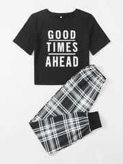 Black Good Things Ahead Printed Half Sleeves T-shirt With Check Printed Trouser Suit - ZARZARO