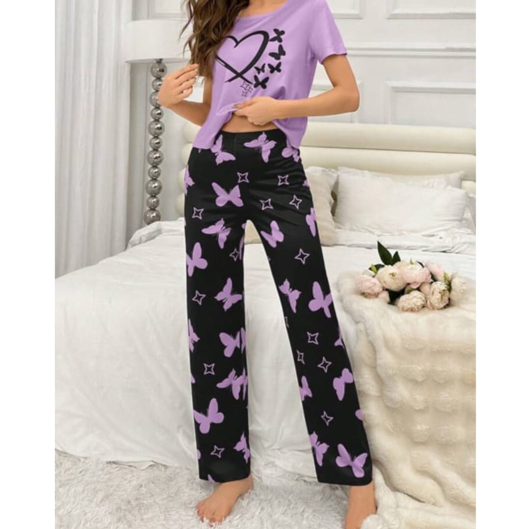 Purple With Black Butterflies Heart Printed T-shirt And Butterflies Printed Trouser Suit - ZARZARO