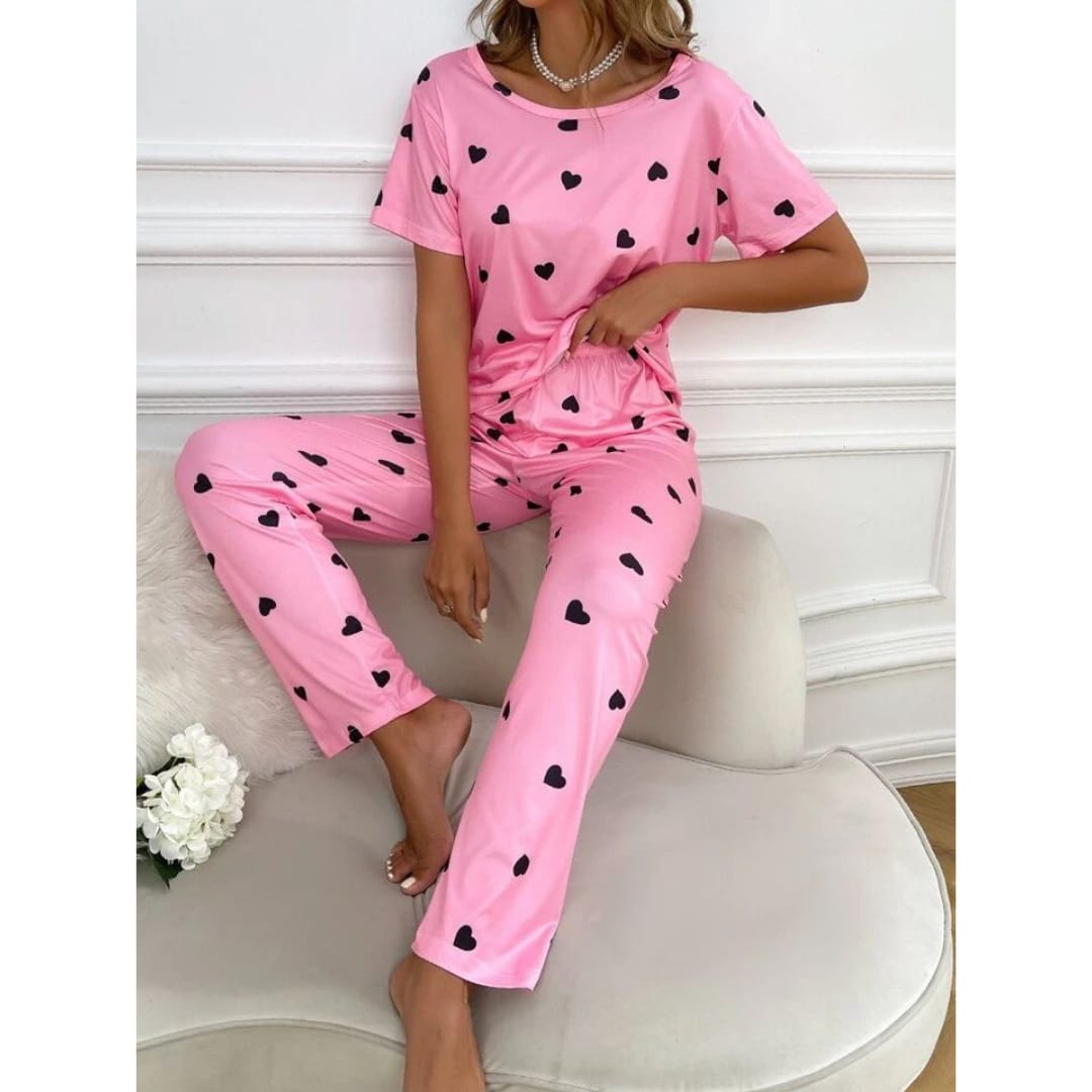 New Pink With Black Hearts Print Half Sleeves T-shirt With Hearts Printed Trouser Suit - ZARZARO