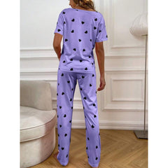 Purple With Black Hearts Print Half Sleeves T-shirt With Hearts Printed Trouser Suit - ZARZARO