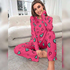 Shocking Pink With Green Herats Print Half Sleeves T-shirt With Hearts Printed Trouser Suit