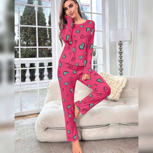 Shocking Pink With Green Herats Print Half Sleeves T-shirt With Hearts Printed Trouser Suit