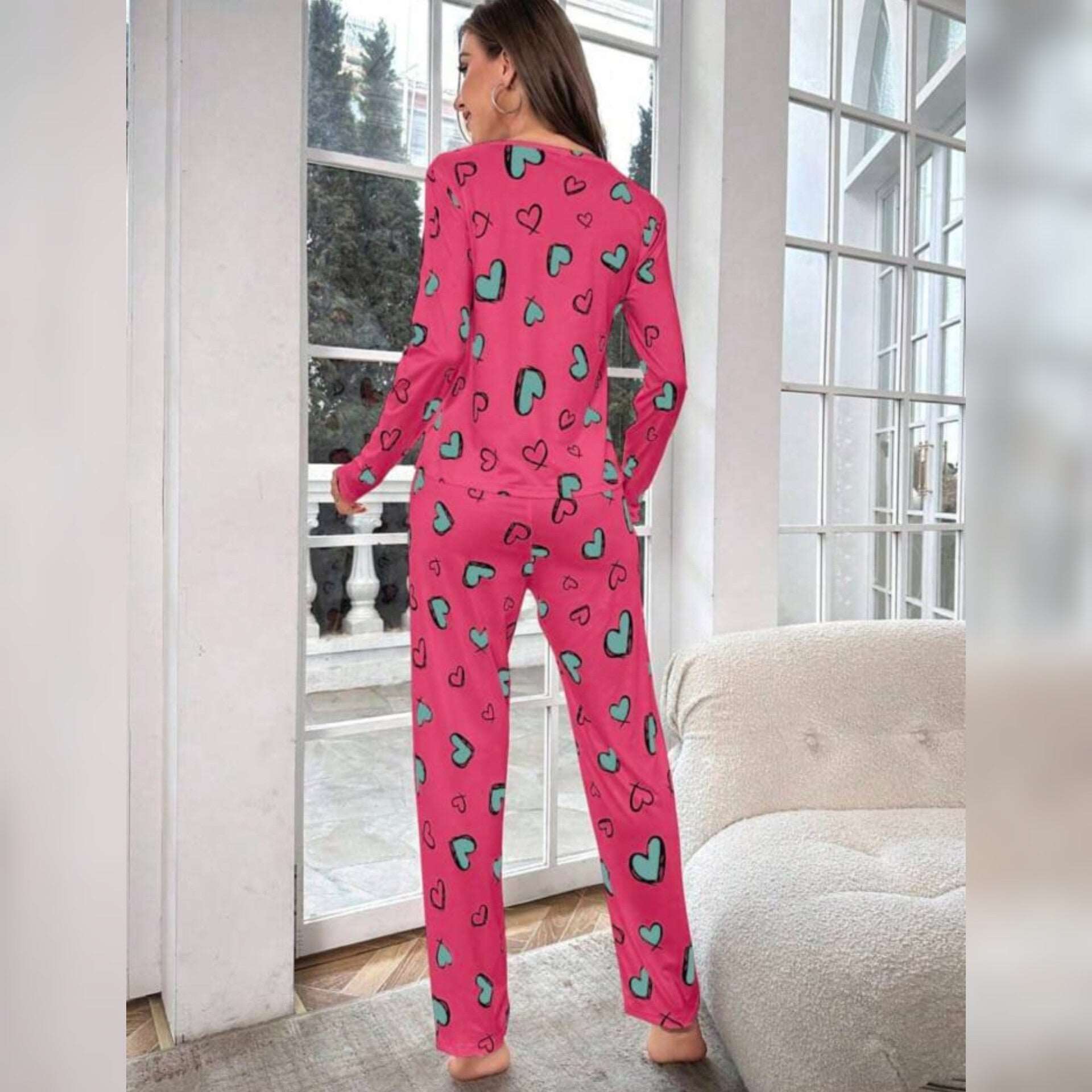 Shocking Pink With Green Herats Print Half Sleeves T-shirt With Hearts Printed Trouser Suit