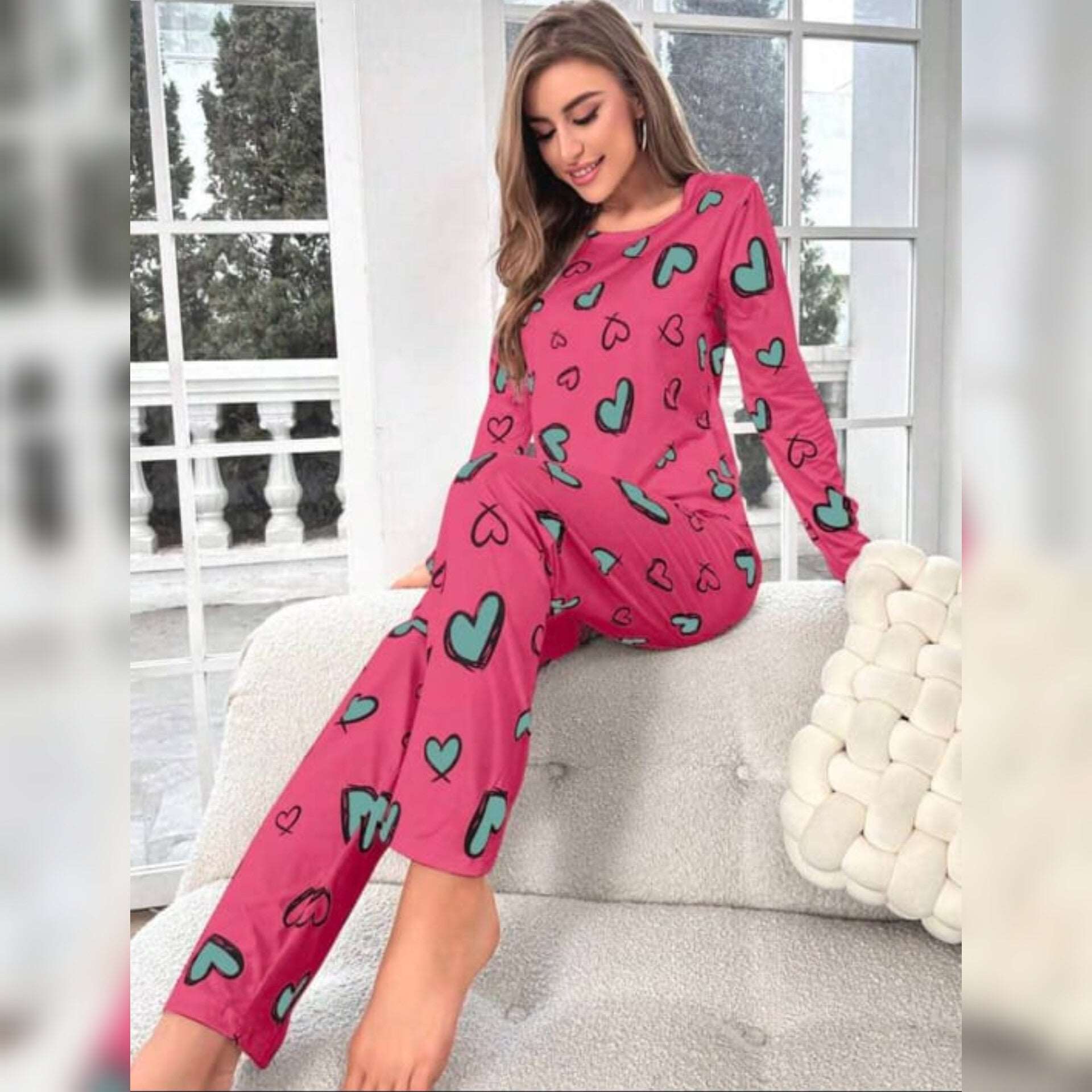 Shocking Pink With Green Herats Print Half Sleeves T-shirt With Hearts Printed Trouser Suit