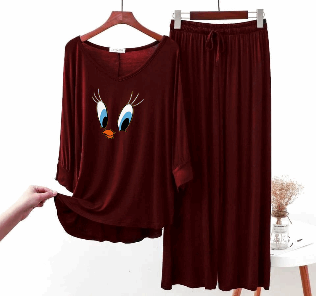 Maroon Daffy Duck Women Night Suit PJ Set