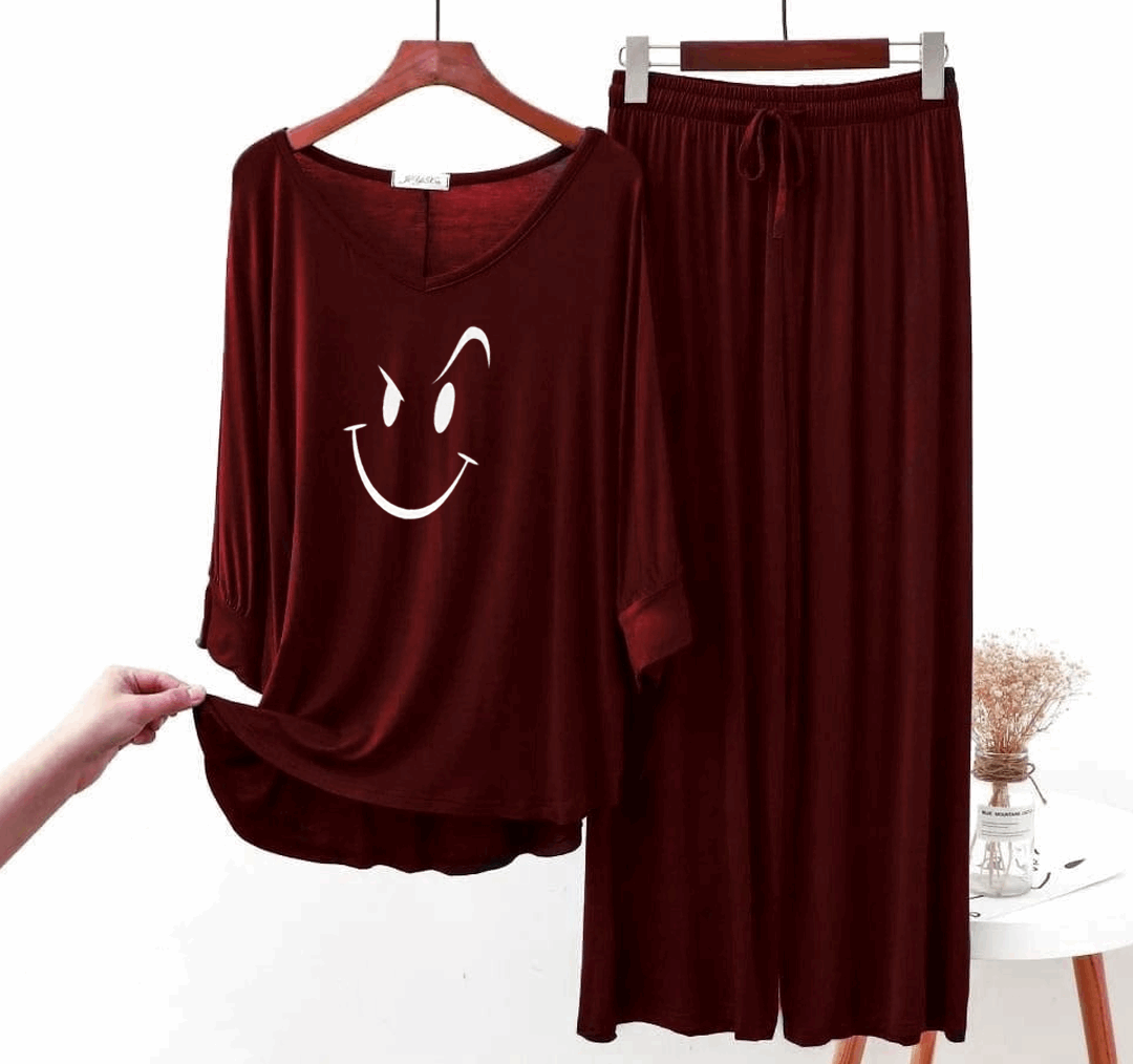 Maroon Smiley Face Women Night Suit PJ Set