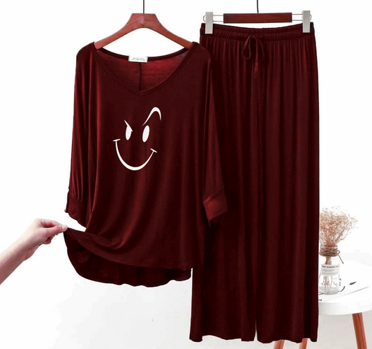 Maroon Smiley Face Women Night Suit PJ Set