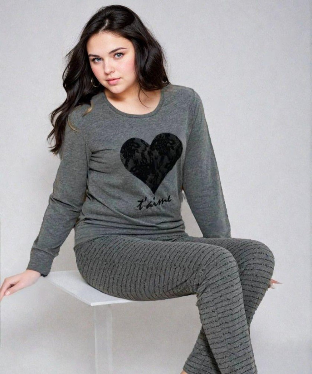 BLACK GRAY HEART Tee with Plazzo PJ Set - ZARZARO