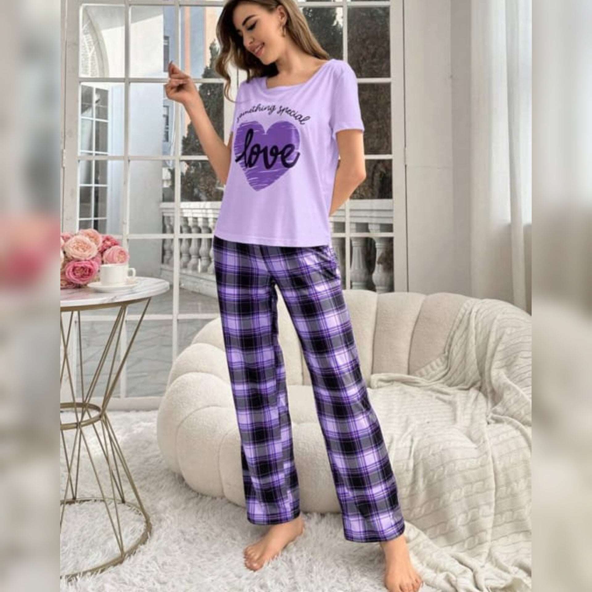 Purple With Love Heart Print Half Sleeves T-shirt With Check Printed Trouser Suit