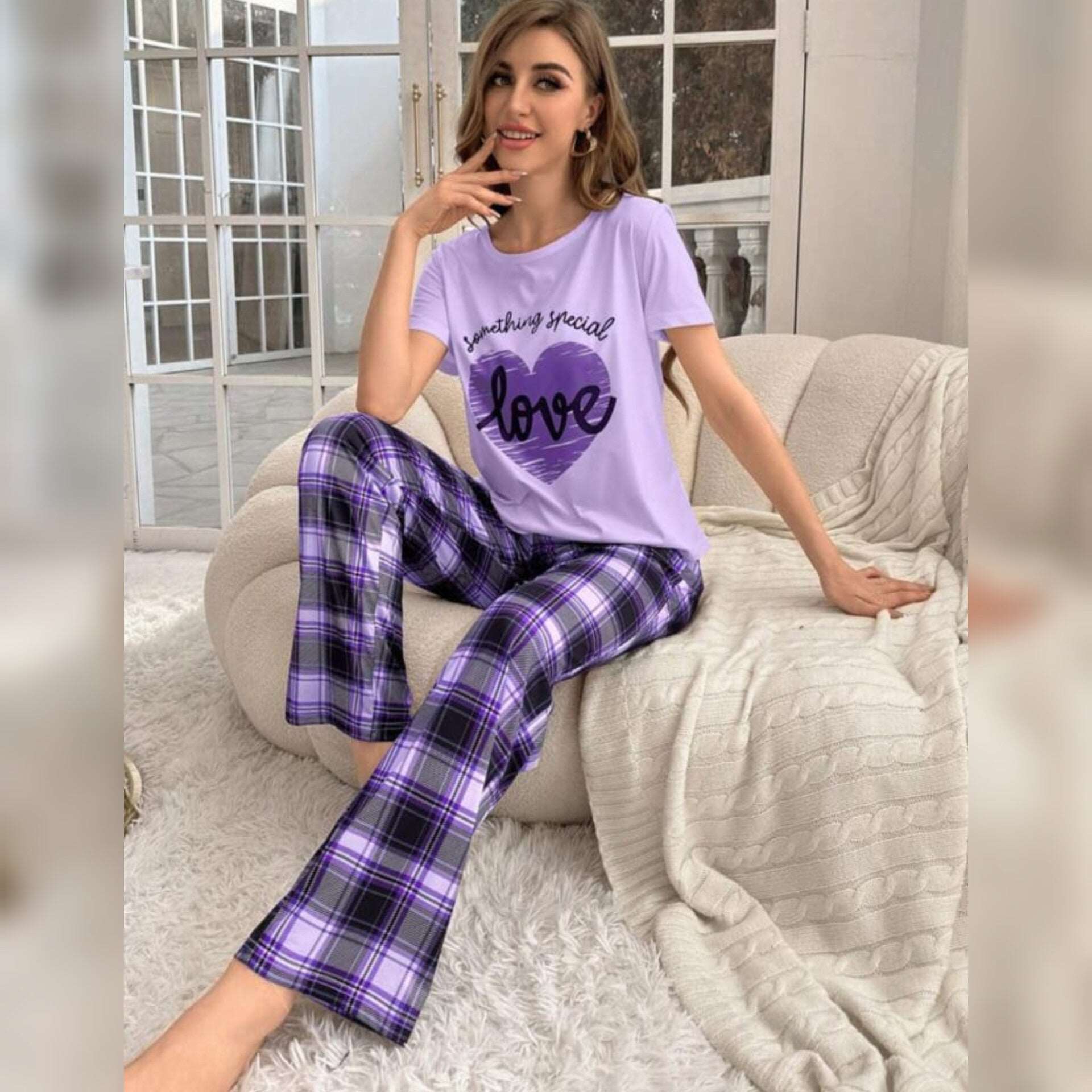 Purple With Love Heart Print Half Sleeves T-shirt With Check Printed Trouser Suit