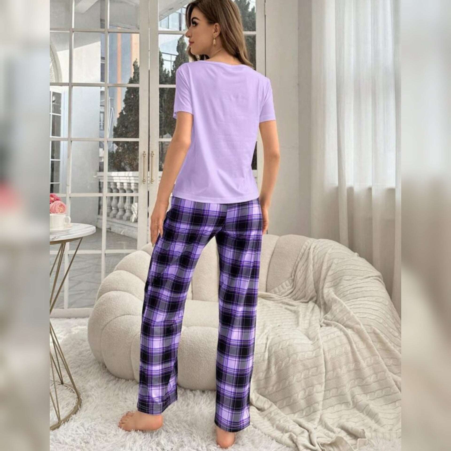 Purple With Love Heart Print Half Sleeves T-shirt With Check Printed Trouser Suit