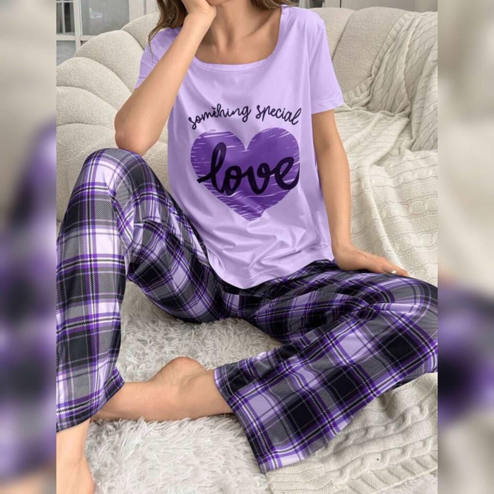 Purple With Love Heart Print Half Sleeves T-shirt With Check Printed Trouser Suit