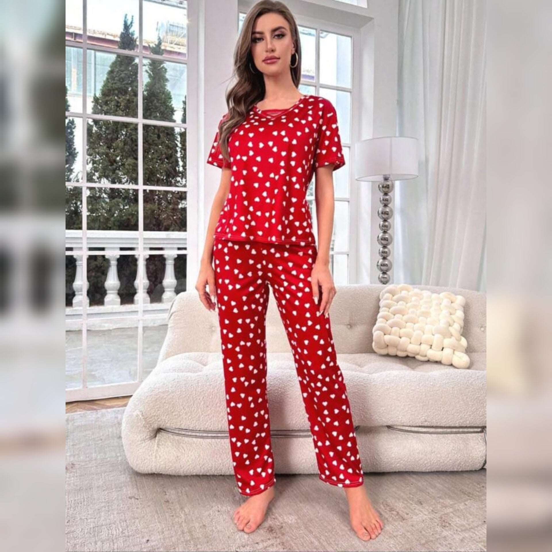 Red With White Herats Print Half Sleeves T-shirt With Hearts Printed Trouser Suit