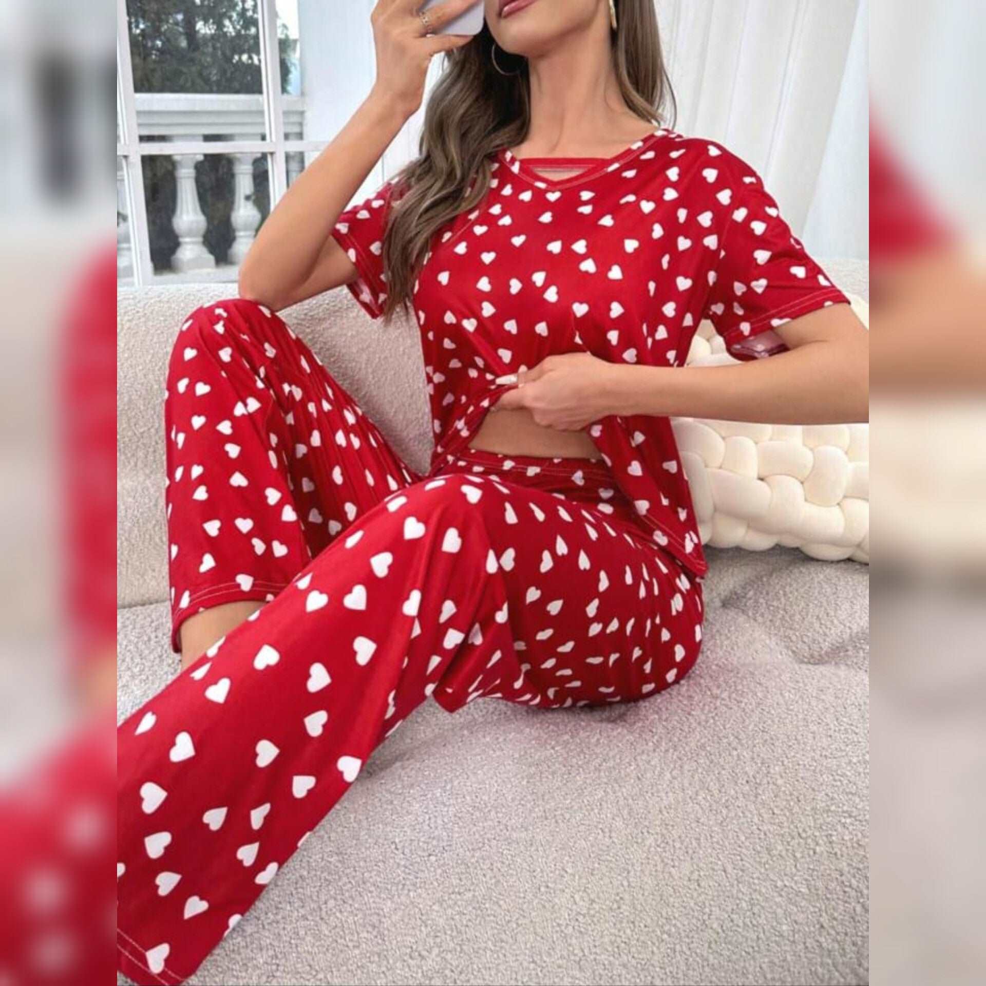 Red With White Herats Print Half Sleeves T-shirt With Hearts Printed Trouser Suit