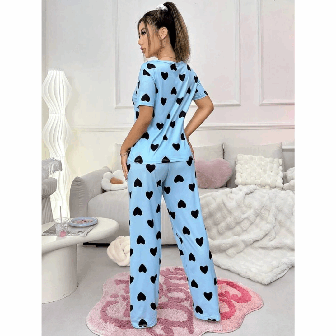 Blue With Black Hearts Print Half Sleeves T-shirt With Hearts Printed Trouser Suit