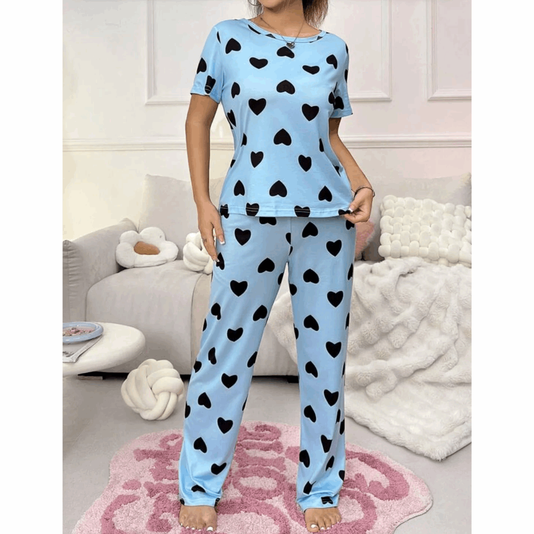 Blue With Black Hearts Print Half Sleeves T-shirt With Hearts Printed Trouser Suit