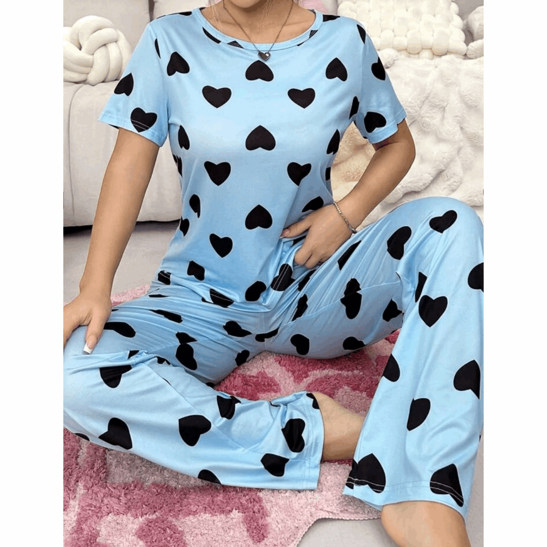 Blue With Black Hearts Print Half Sleeves T-shirt With Hearts Printed Trouser Suit